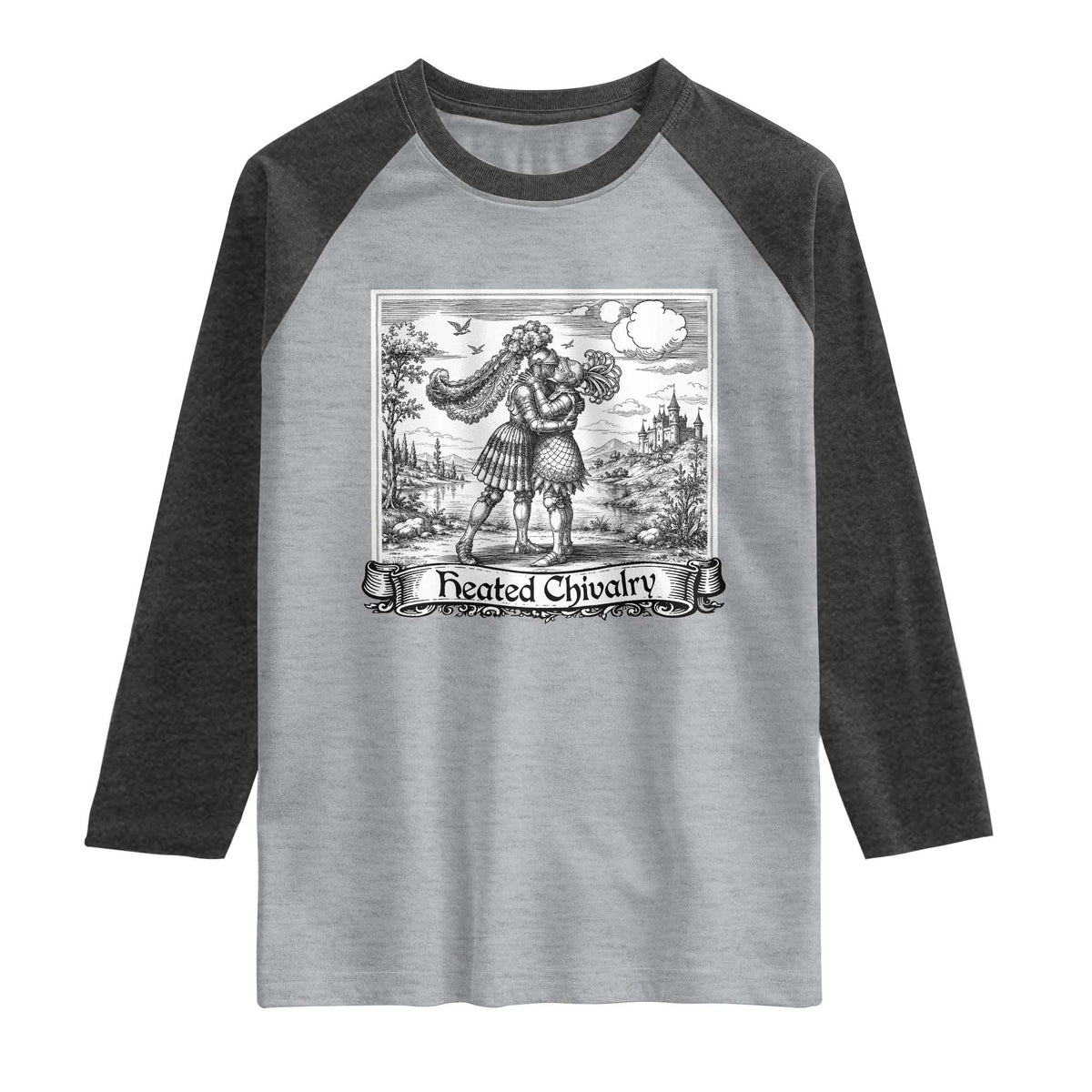 Heated Chivalry Medieval Knights Kissing LGBT Pride Raglan Shirt