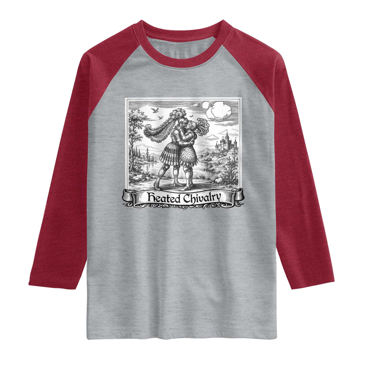 Heated Chivalry Medieval Knights Kissing LGBT Pride Raglan Shirt