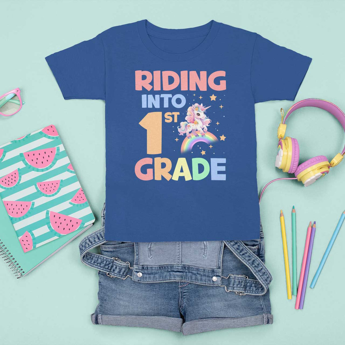 Back To School Unicorn T Shirt For Kid Riding Into 1st Grade Rainbow Star - Wonder Print Shop