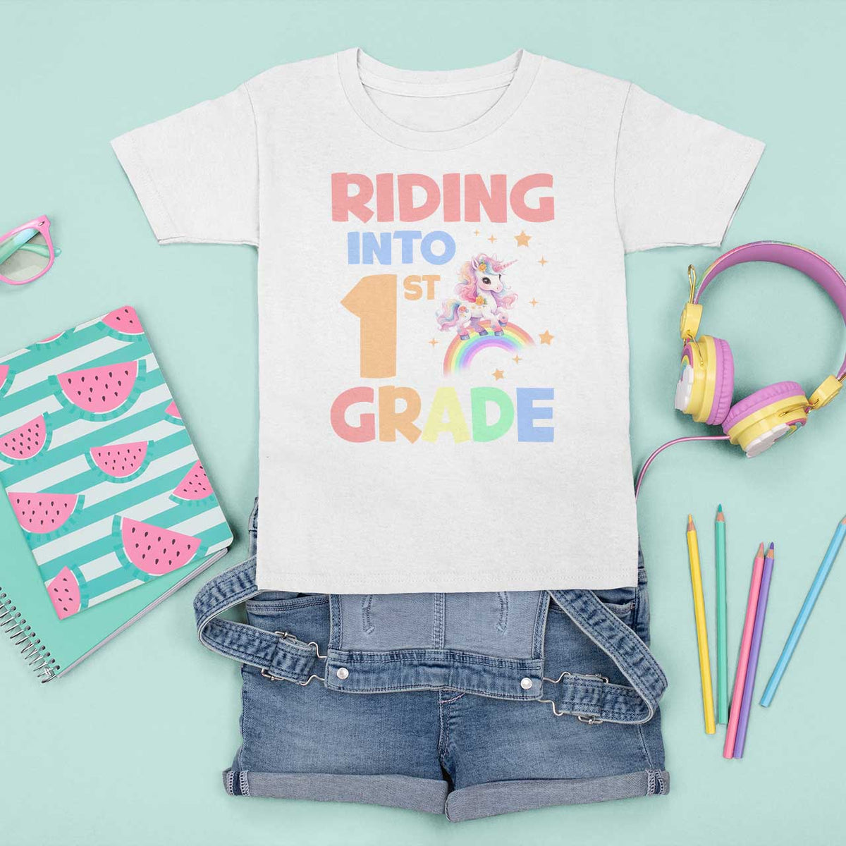 Back To School Unicorn T Shirt For Kid Riding Into 1st Grade Rainbow Star - Wonder Print Shop