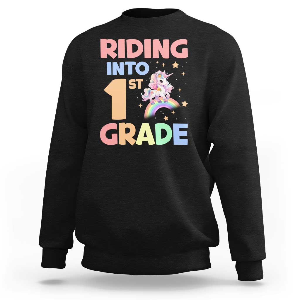 Back To School Unicorn Sweatshirt Riding Into 1st Grade Rainbow Star - Wonder Print Shop