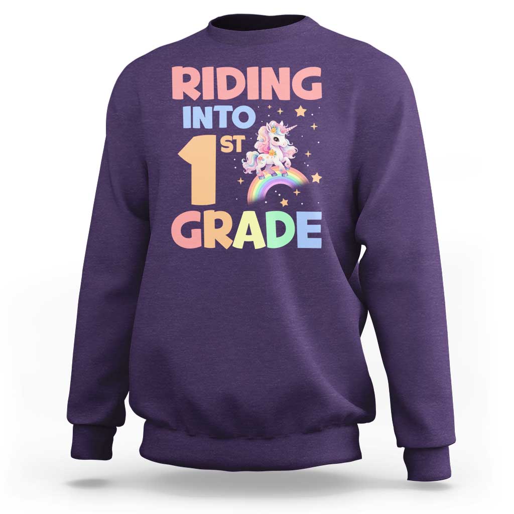 Back To School Unicorn Sweatshirt Riding Into 1st Grade Rainbow Star - Wonder Print Shop