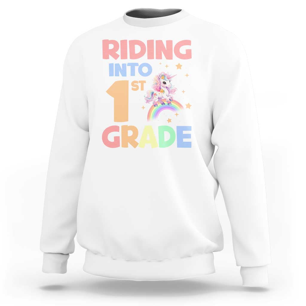 Back To School Unicorn Sweatshirt Riding Into 1st Grade Rainbow Star - Wonder Print Shop