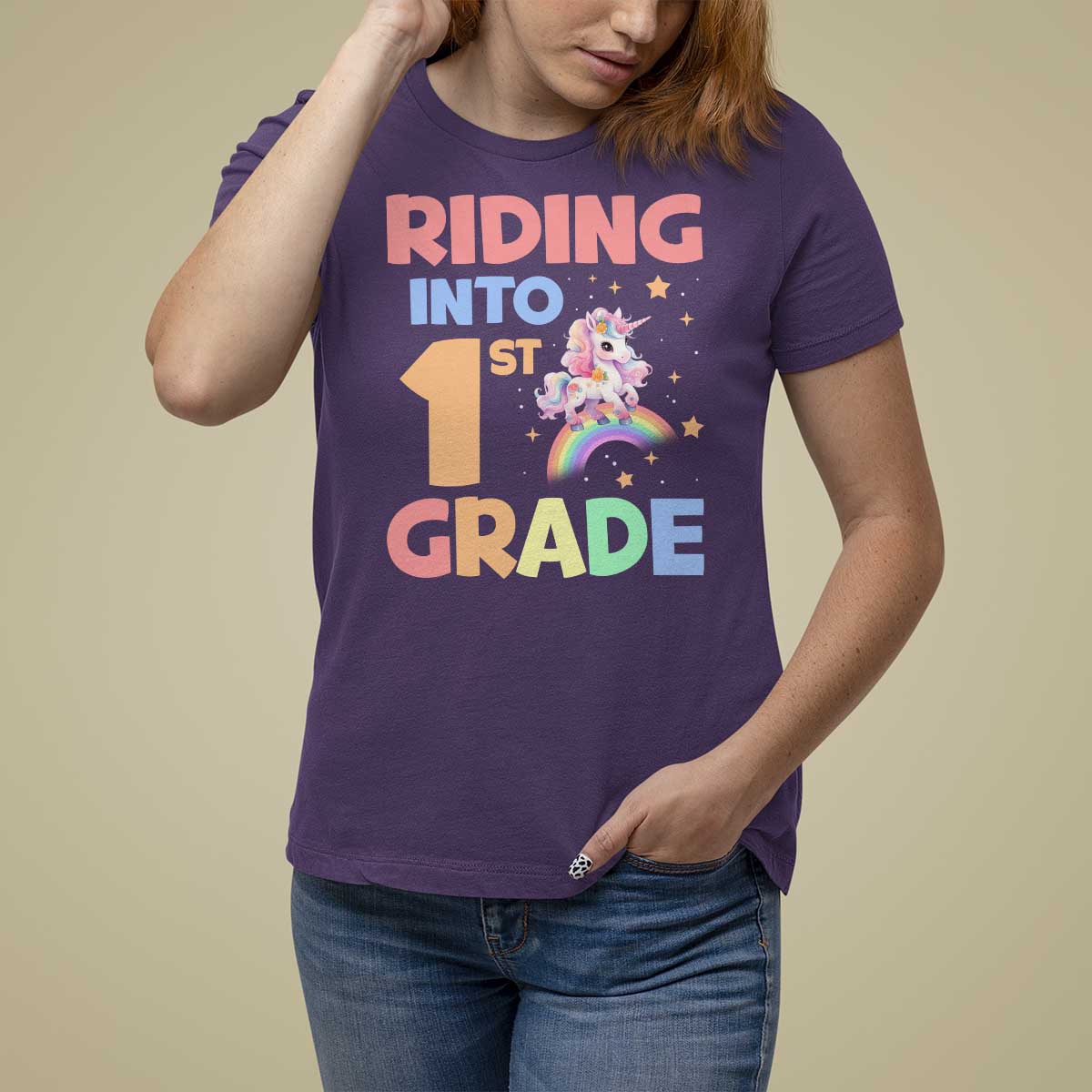 Back To School Unicorn T Shirt For Women Riding Into 1st Grade Rainbow Star - Wonder Print Shop