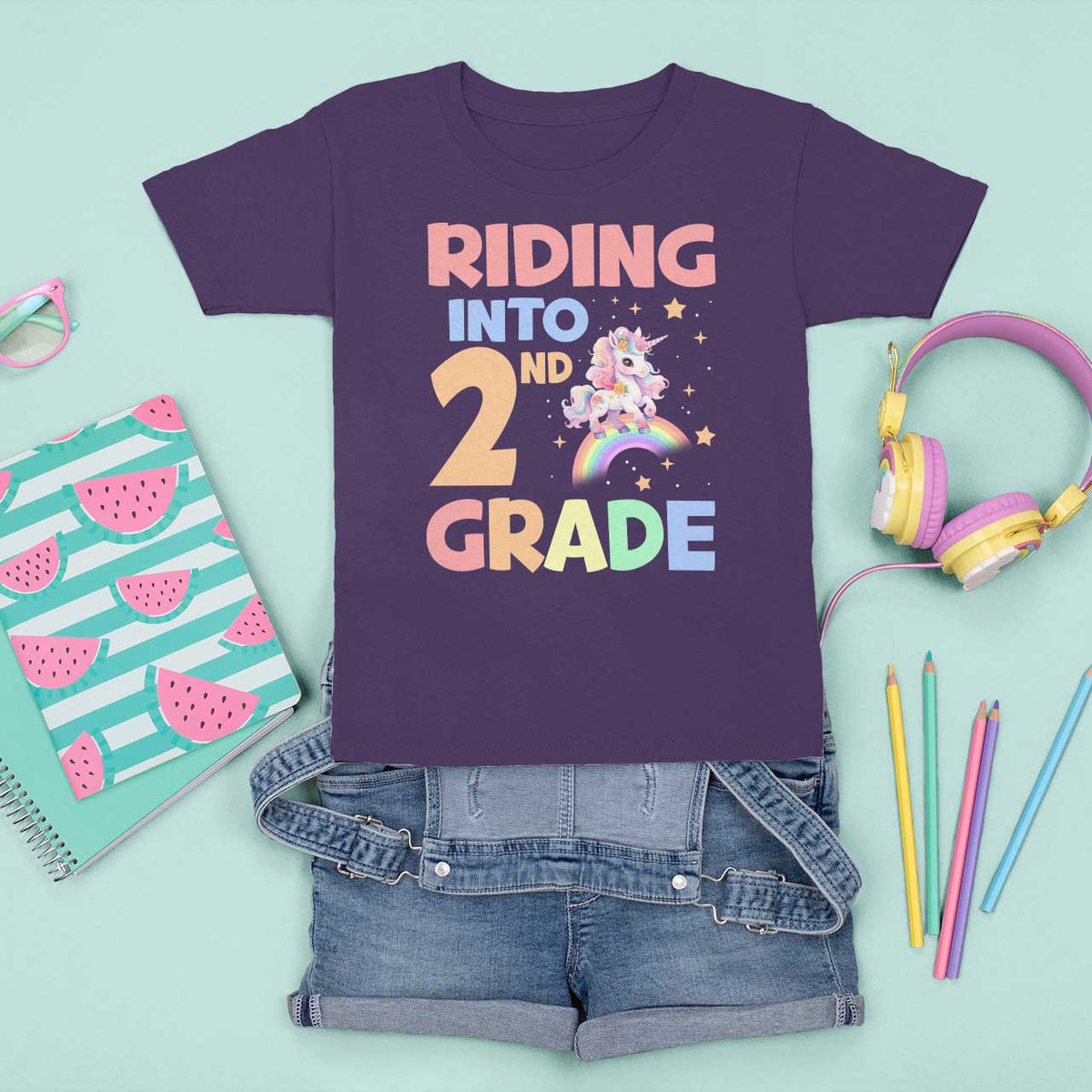 Back To School Unicorn T Shirt For Kid Riding Into 2nd Grade Rainbow Star - Wonder Print Shop