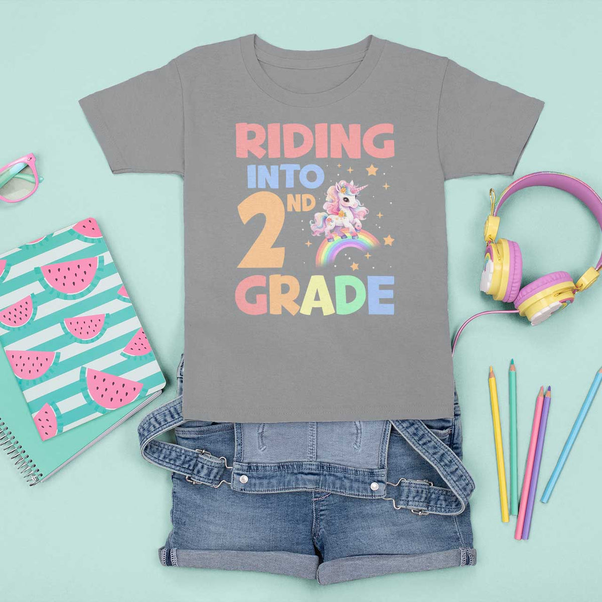 Back To School Unicorn T Shirt For Kid Riding Into 2nd Grade Rainbow Star - Wonder Print Shop