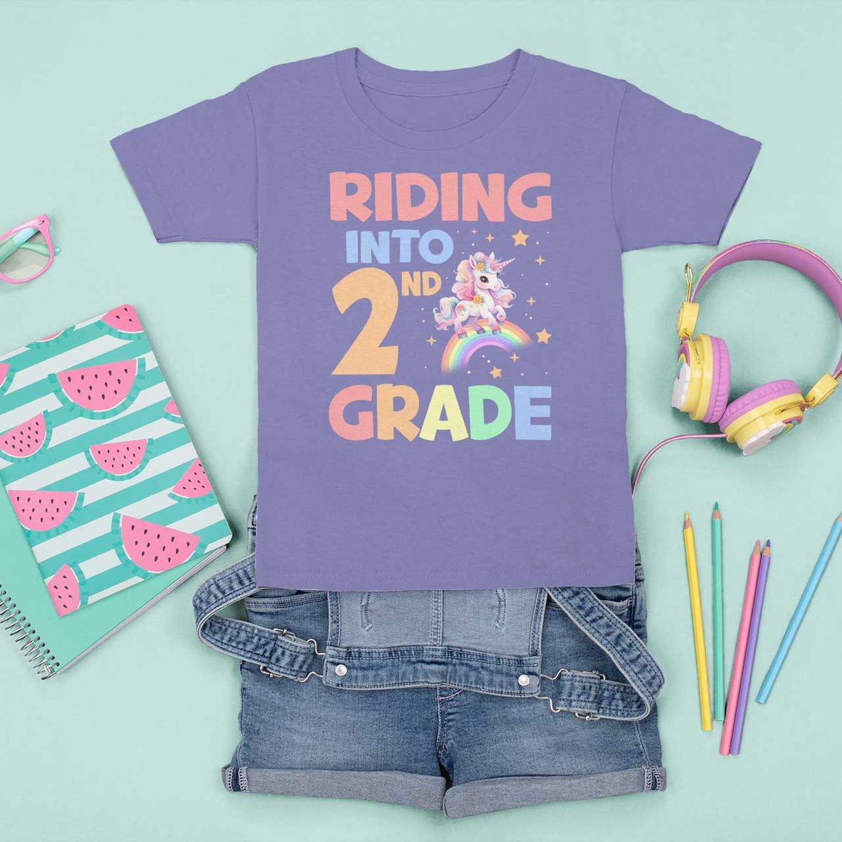 Back To School Unicorn T Shirt For Kid Riding Into 2nd Grade Rainbow Star - Wonder Print Shop