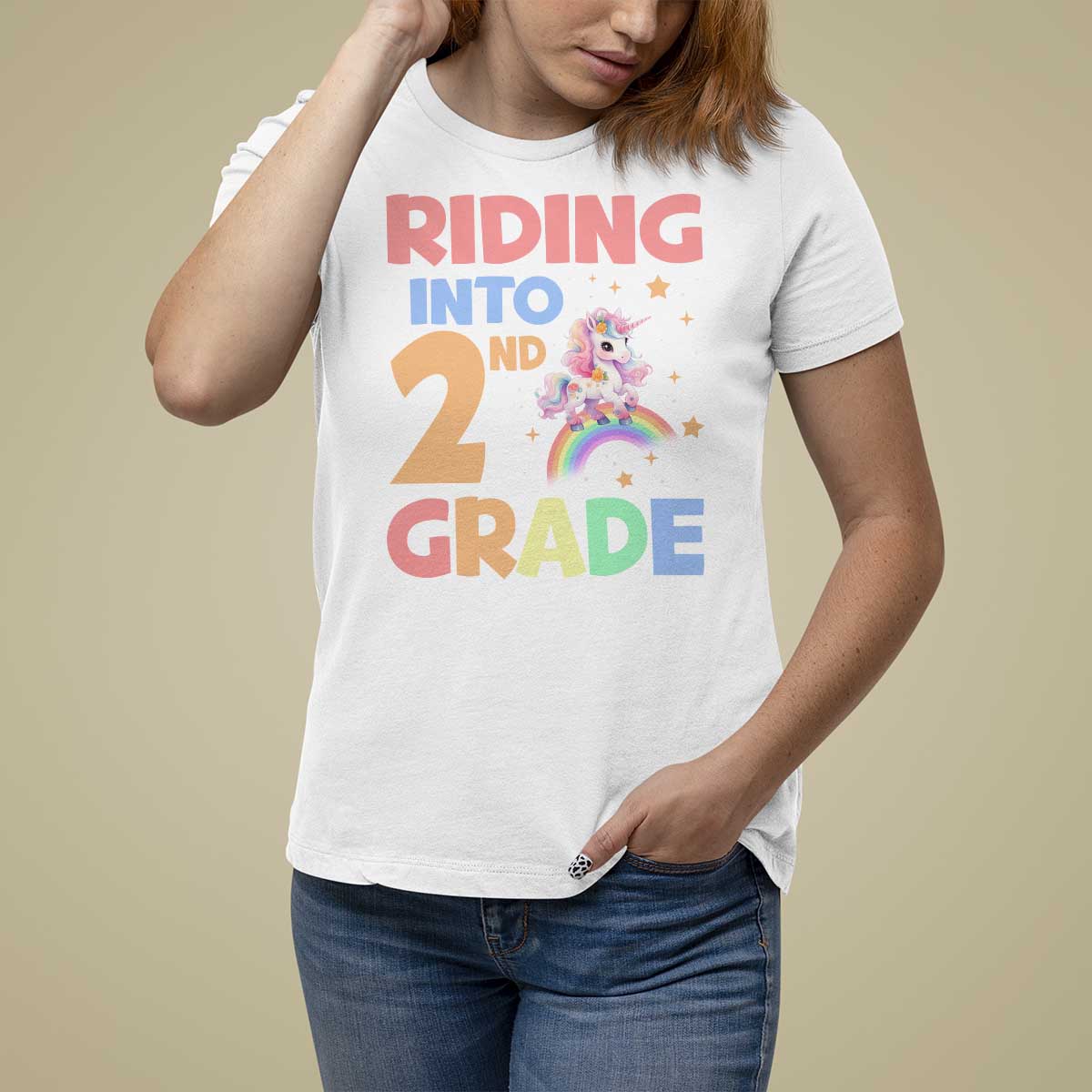 Back To School Unicorn T Shirt For Women Riding Into 2nd Grade Rainbow Star - Wonder Print Shop