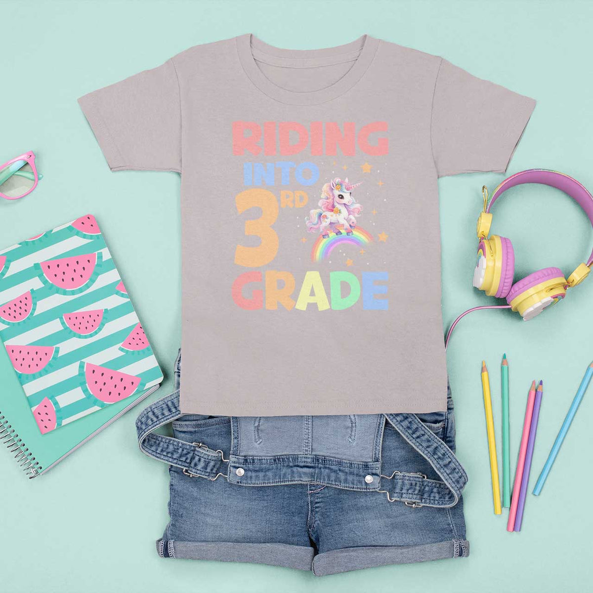 Back To School Unicorn T Shirt For Kid Riding Into 3rd Grade Rainbow Star - Wonder Print Shop