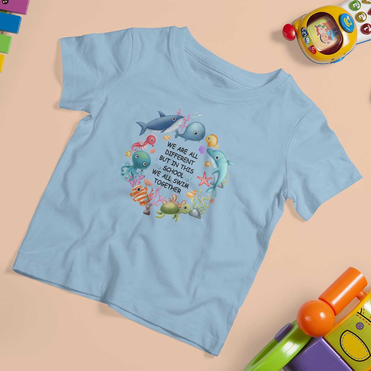 Back To School T Shirt For Kid We Are All Different But In This School We All Swim Together Sea Animals - Wonder Print Shop