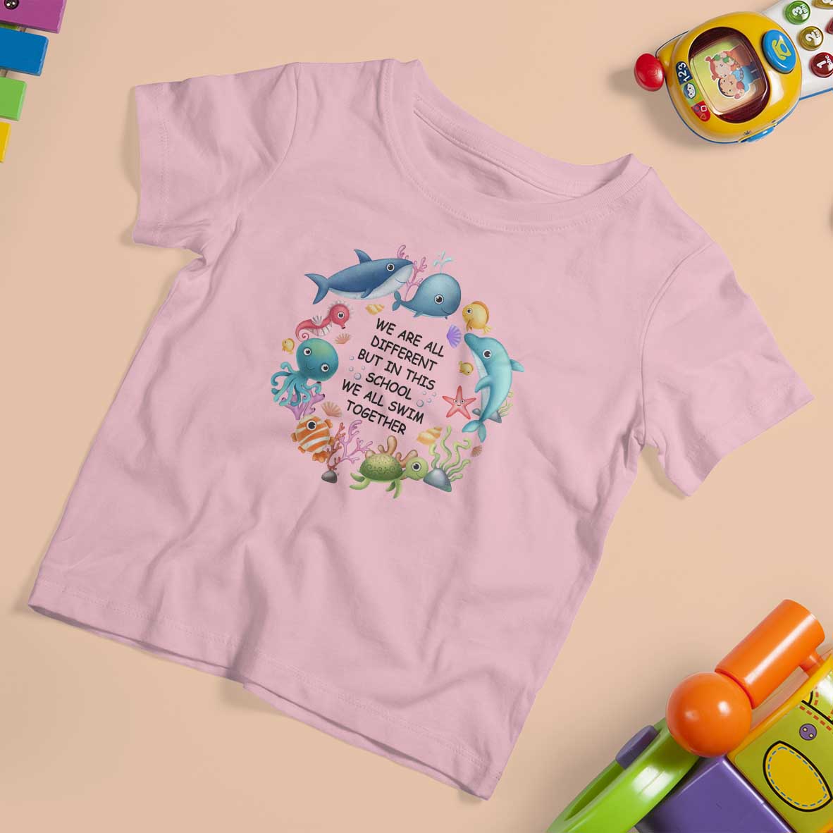 Back To School T Shirt For Kid We Are All Different But In This School We All Swim Together Sea Animals - Wonder Print Shop