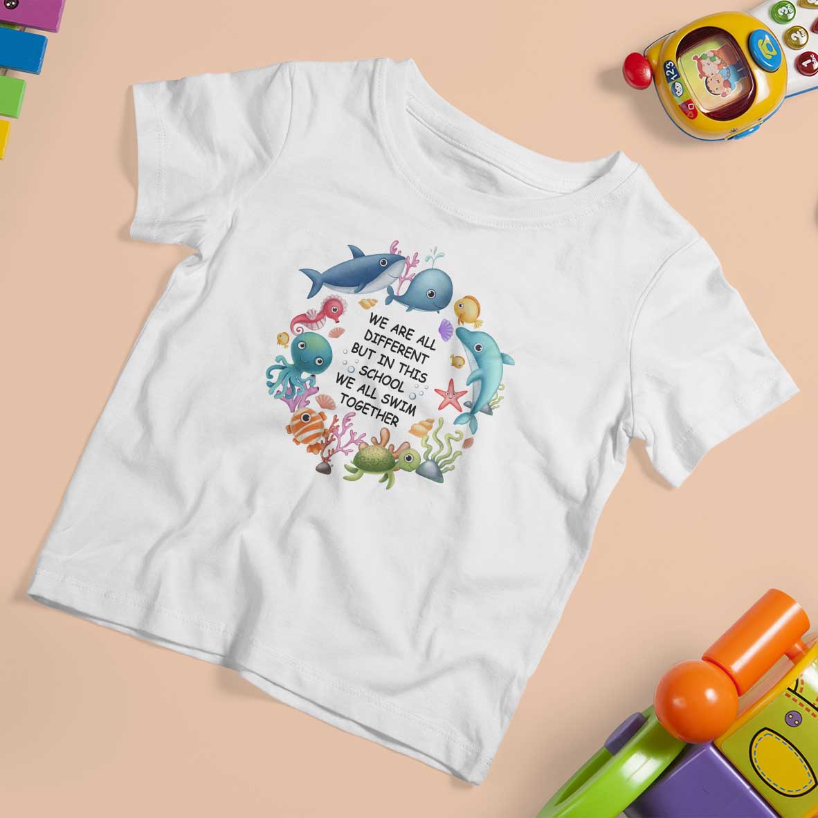 Back To School T Shirt For Kid We Are All Different But In This School We All Swim Together Sea Animals - Wonder Print Shop