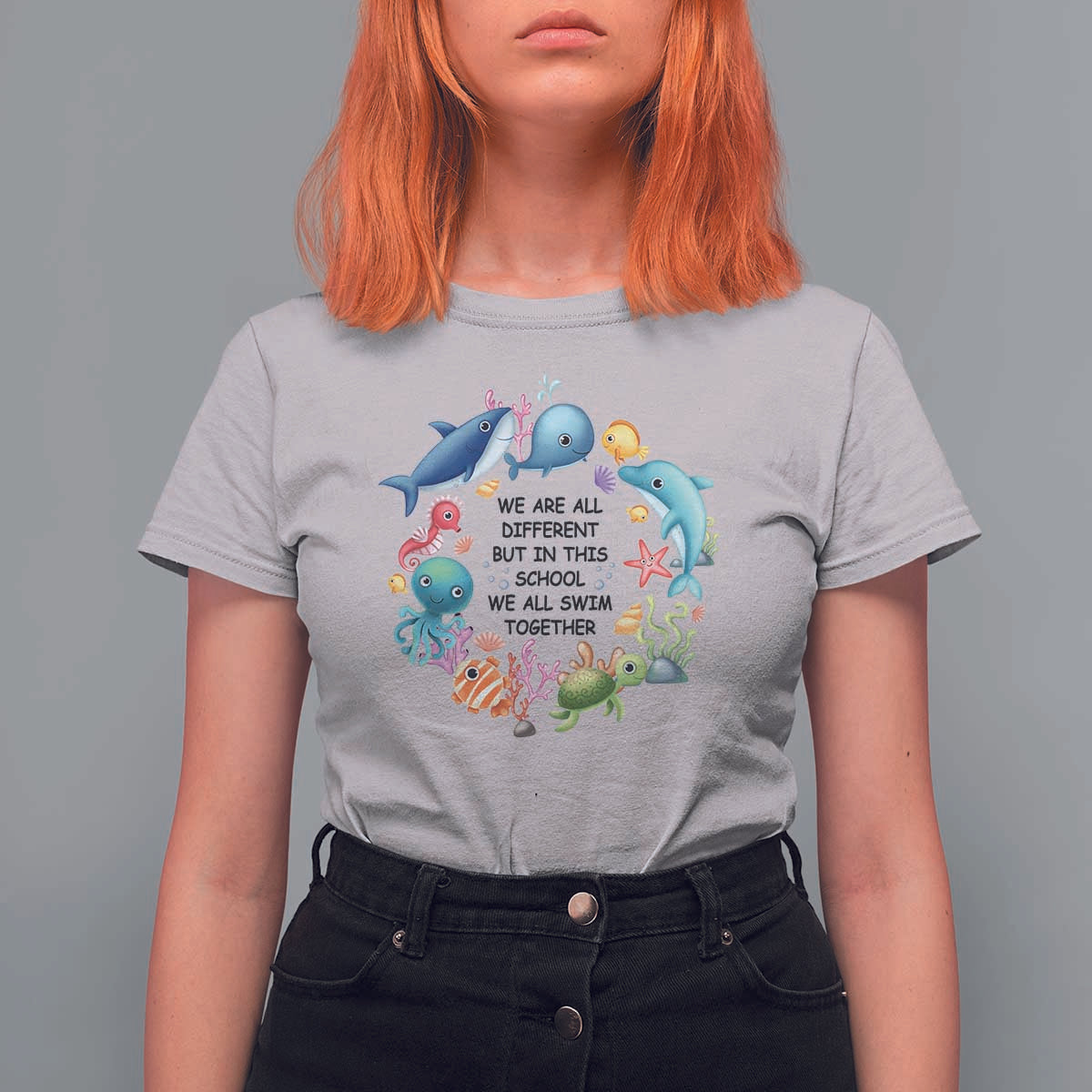 Back To School T Shirt For Women We Are All Different But In This School We All Swim Together Sea Animals - Wonder Print Shop
