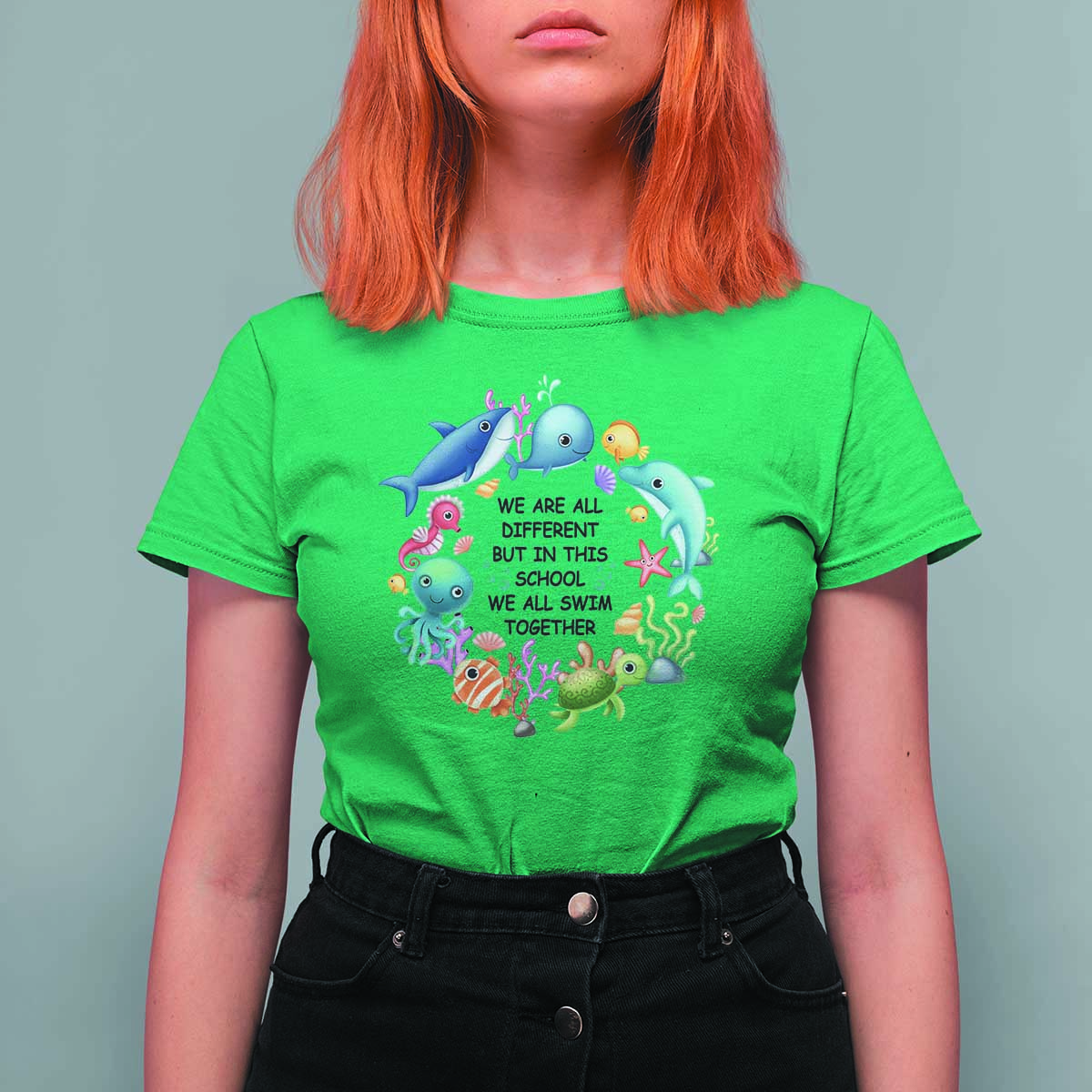 Back To School T Shirt For Women We Are All Different But In This School We All Swim Together Sea Animals - Wonder Print Shop