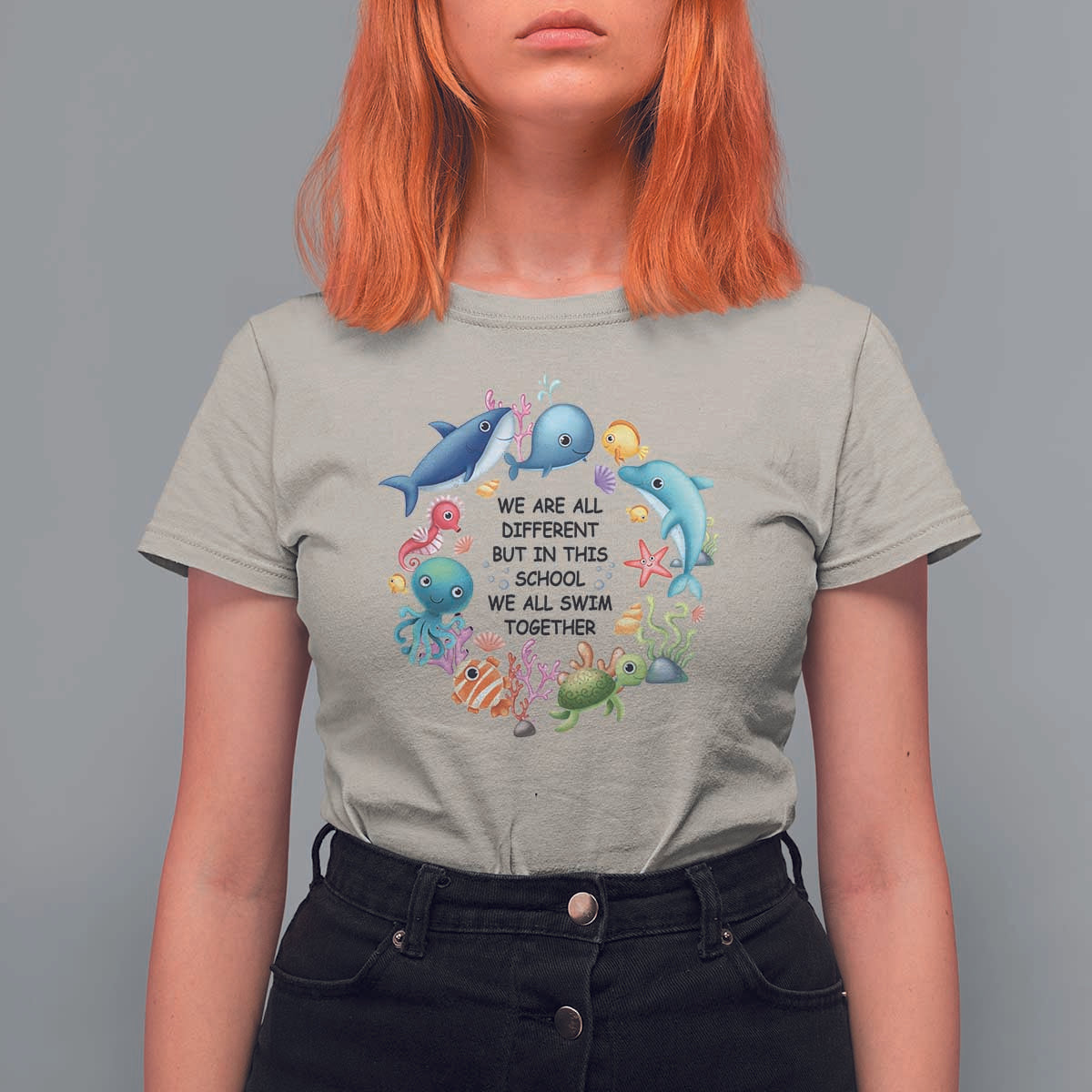 Back To School T Shirt For Women We Are All Different But In This School We All Swim Together Sea Animals - Wonder Print Shop