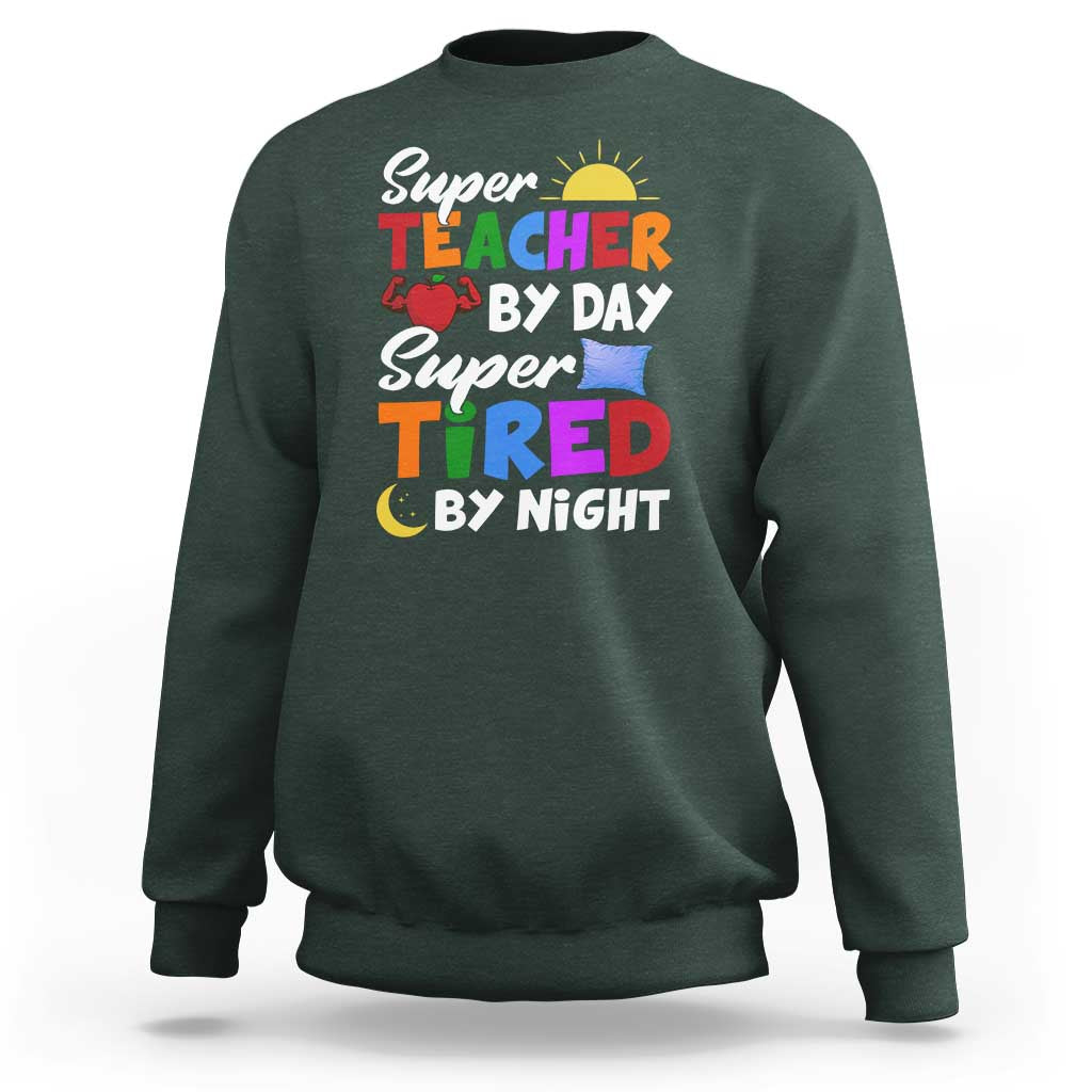 Funny Teacher Sweatshirt Super Teacher By Day Super Tired By Night Sun Pillow - Wonder Print Shop