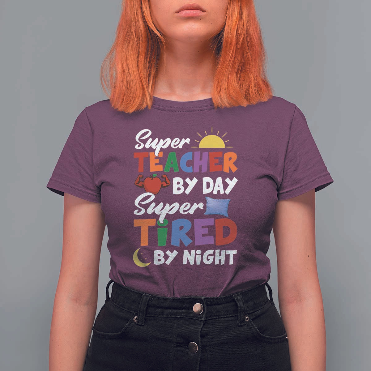 Funny Teacher T Shirt For Women Super Teacher By Day Super Tired By Night Sun Pillow - Wonder Print Shop