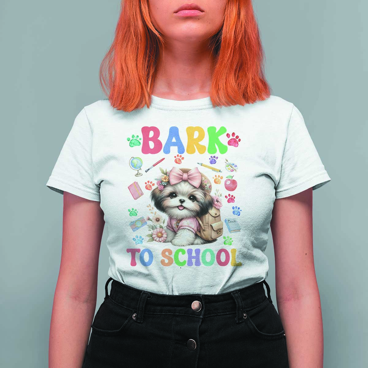 Funny Bark To School T Shirt For Women Shih Tzu Dogs School Supplies Paw - Wonder Print Shop