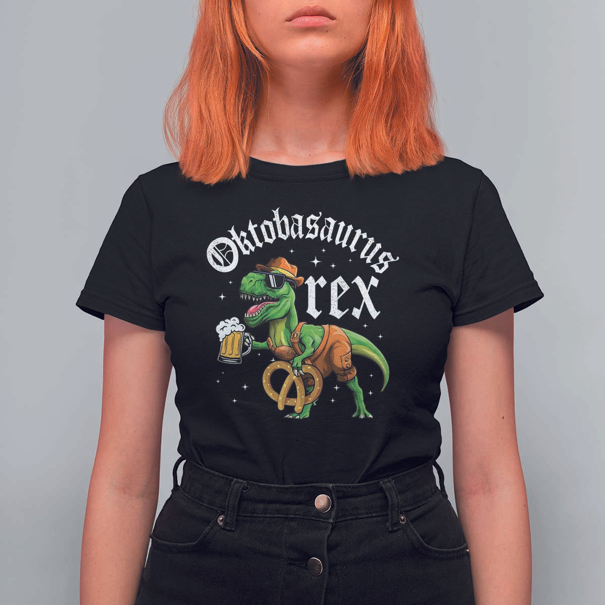 Funny Oktoberfest Dinosaur T Shirt For Women Oktobasaurus Rex Lederhosen Bavarian Beer - Wonder Print Shop