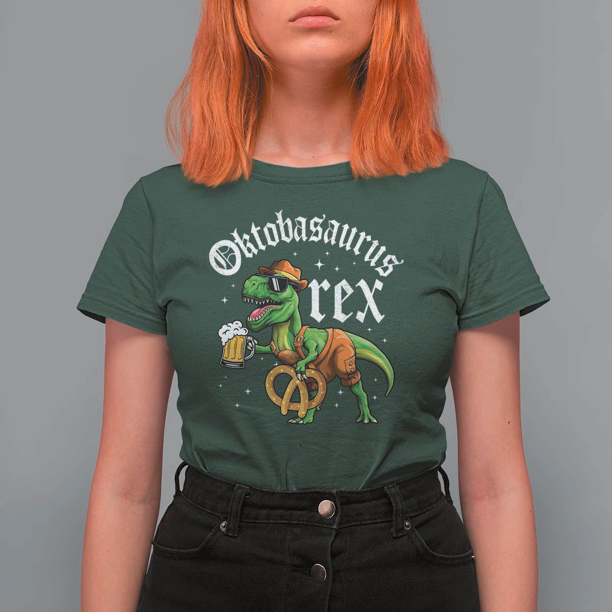 Funny Oktoberfest Dinosaur T Shirt For Women Oktobasaurus Rex Lederhosen Bavarian Beer - Wonder Print Shop