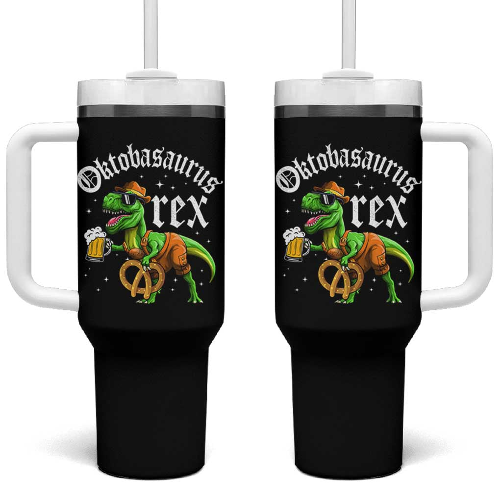 Funny Oktoberfest Dinosaur Tumbler With Handle Oktobasaurus Rex Lederhosen Bavarian Beer - Wonder Print Shop