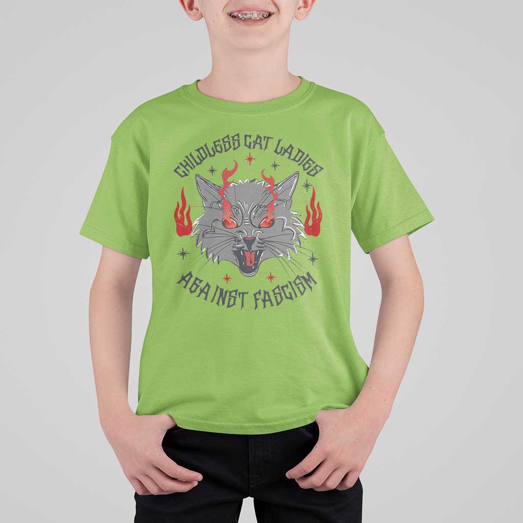 Funny Childless Cat Ladies Against Fascism T Shirt For Kid Angry Fire Cat Feminist - Wonder Print Shop