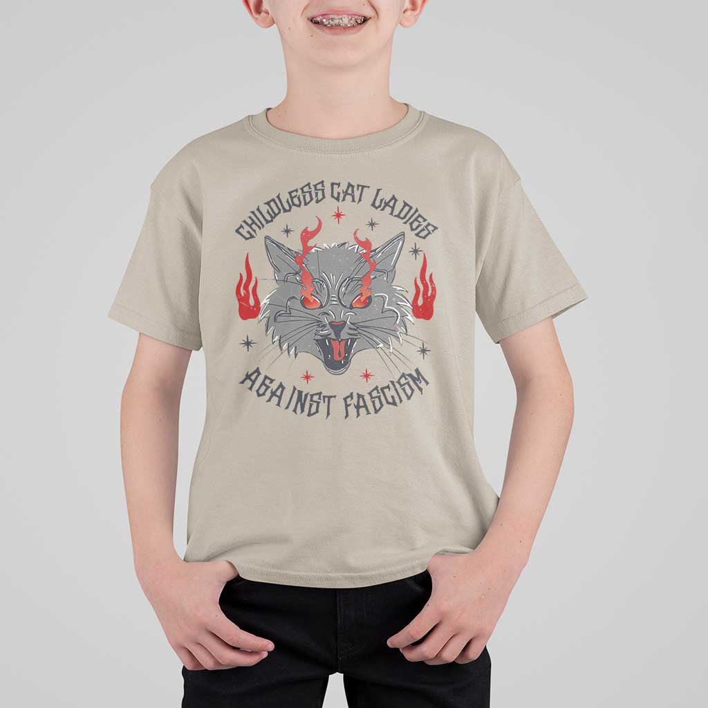 Funny Childless Cat Ladies Against Fascism T Shirt For Kid Angry Fire Cat Feminist - Wonder Print Shop