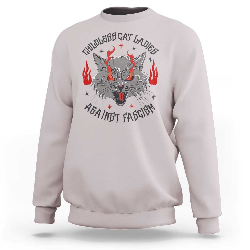 Funny Childless Cat Ladies Against Fascism Sweatshirt Angry Fire Cat Feminist - Wonder Print Shop