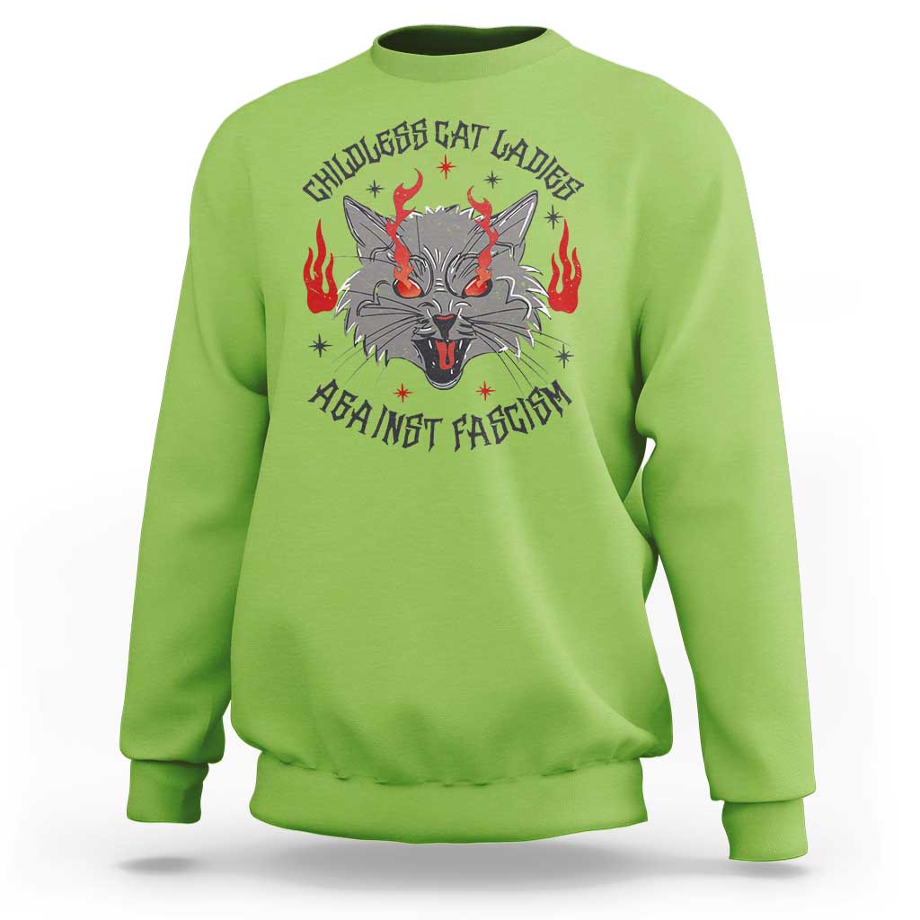 Funny Childless Cat Ladies Against Fascism Sweatshirt Angry Fire Cat Feminist - Wonder Print Shop