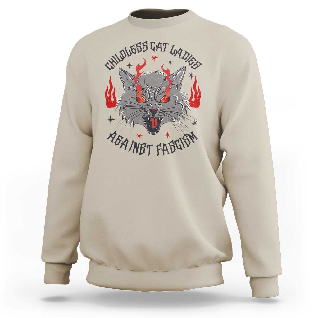 Funny Childless Cat Ladies Against Fascism Sweatshirt Angry Fire Cat Feminist - Wonder Print Shop