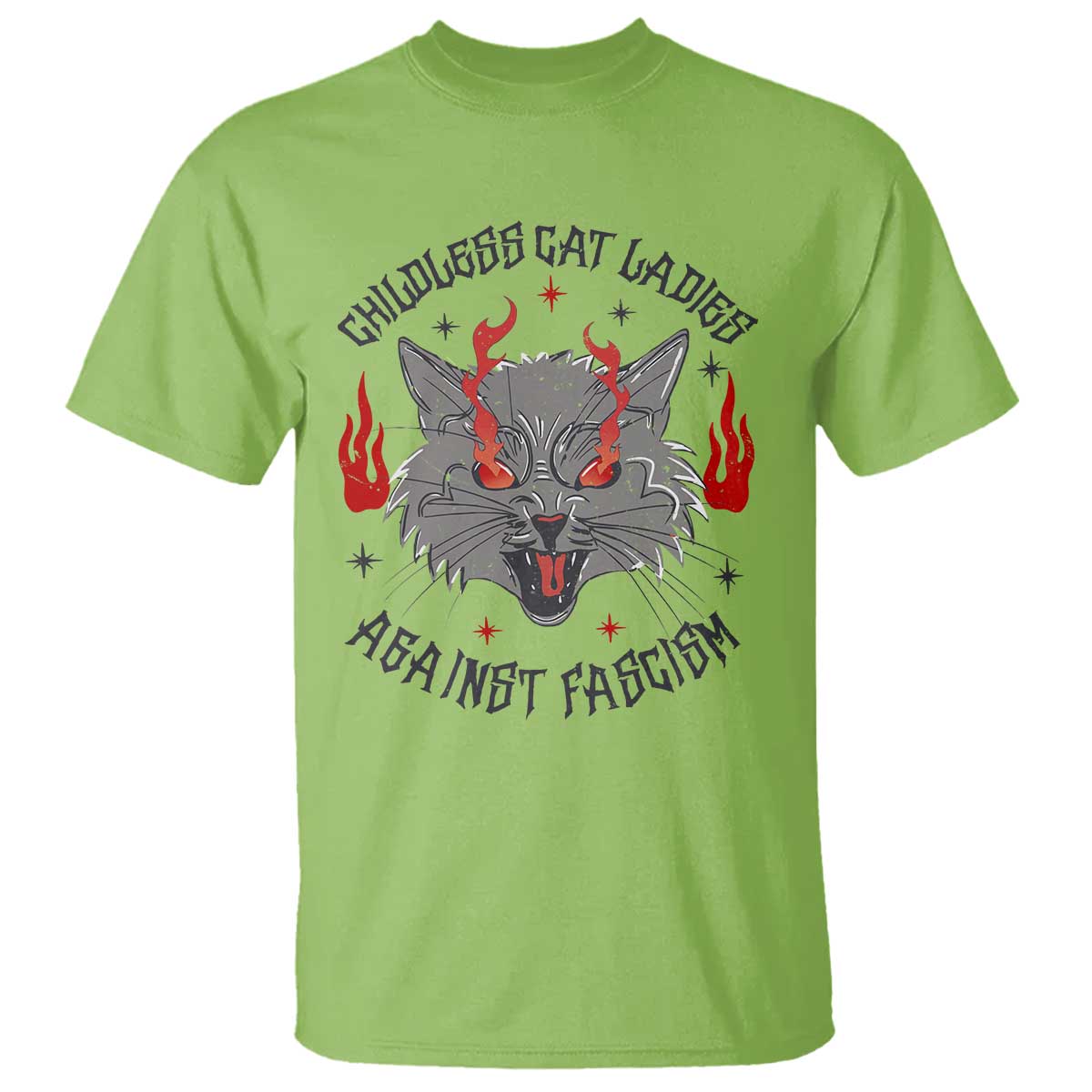 Funny Childless Cat Ladies Against Fascism T Shirt Angry Fire Cat Feminist - Wonder Print Shop
