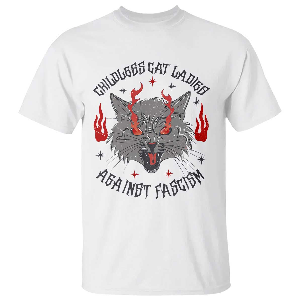 Funny Childless Cat Ladies Against Fascism T Shirt Angry Fire Cat Feminist - Wonder Print Shop