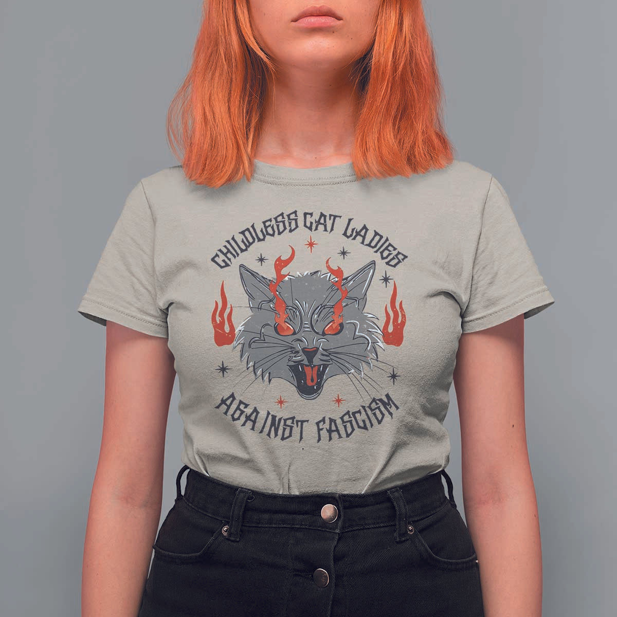 Funny Childless Cat Ladies Against Fascism T Shirt For Women Angry Fire Cat Feminist - Wonder Print Shop