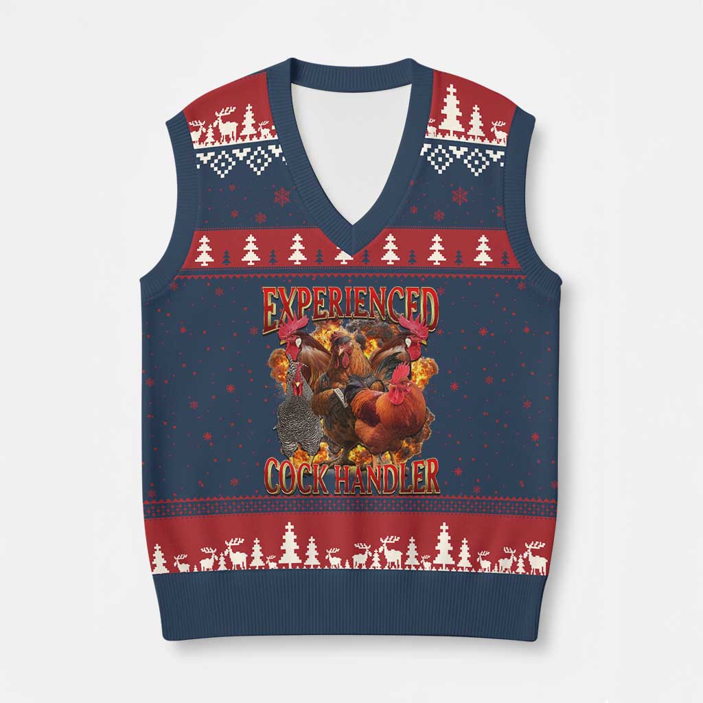 Funny Experienced Cock Handler V-Neck Knit Sweater Vest Inappropriate Adult Humor Chicken - Wonder Print Shop