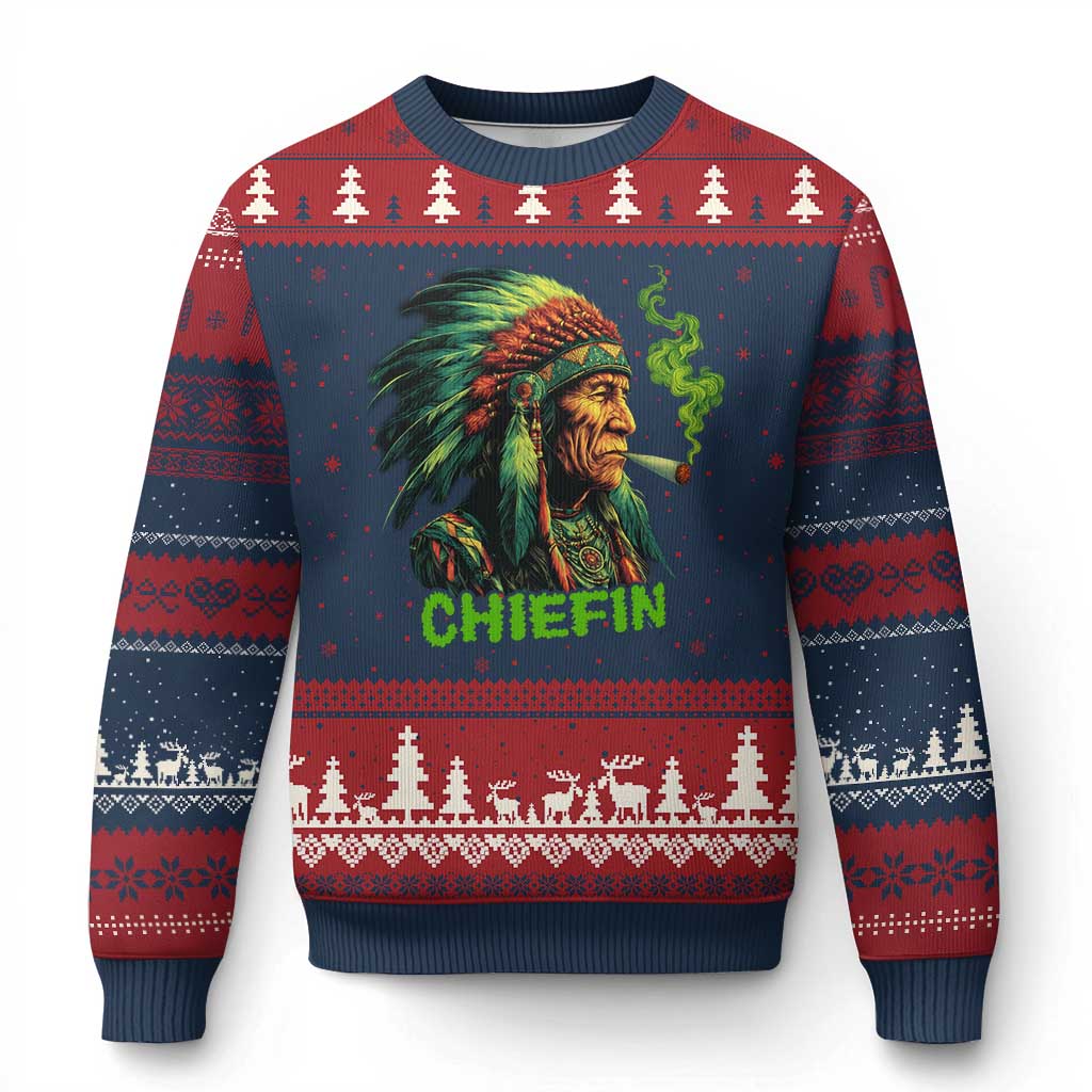 Funny Chiefin Weed Indian Native American Marijuana Ugly Christmas Sweater - Wonder Print Shop