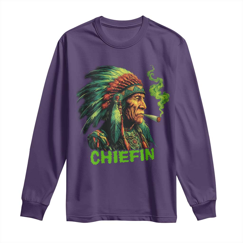 Funny Chiefin Weed Indian Native American Marijuana Long Sleeve Shirt - Wonder Print Shop