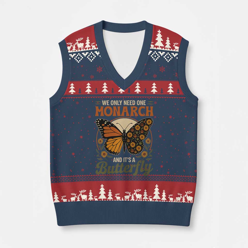 We Only Need One Monarch And Its A Butterfly V-Neck Knit Sweater Vest Retro Peace Sign Flowers - Wonder Print Shop