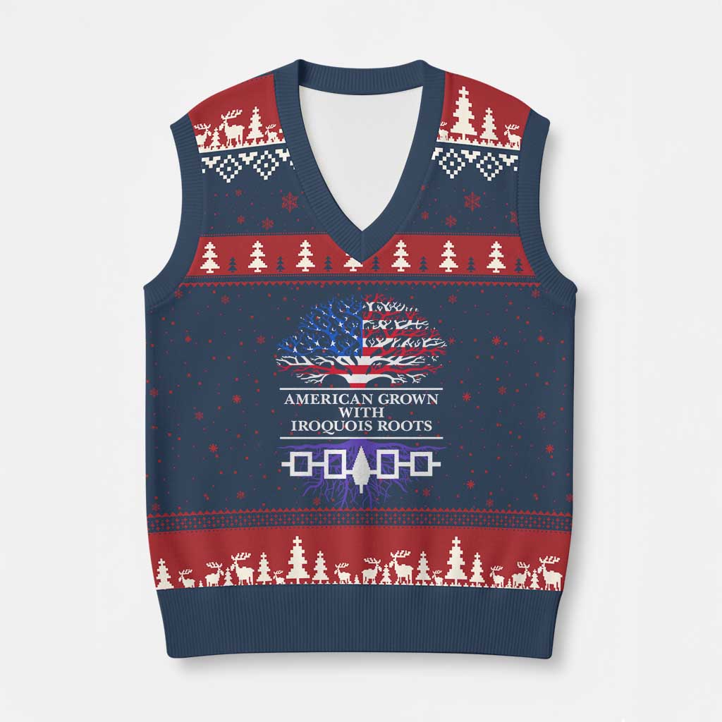 American Grown With Iroquois Roots V-Neck Knit Sweater Vest Tree USA Flag - Wonder Print Shop