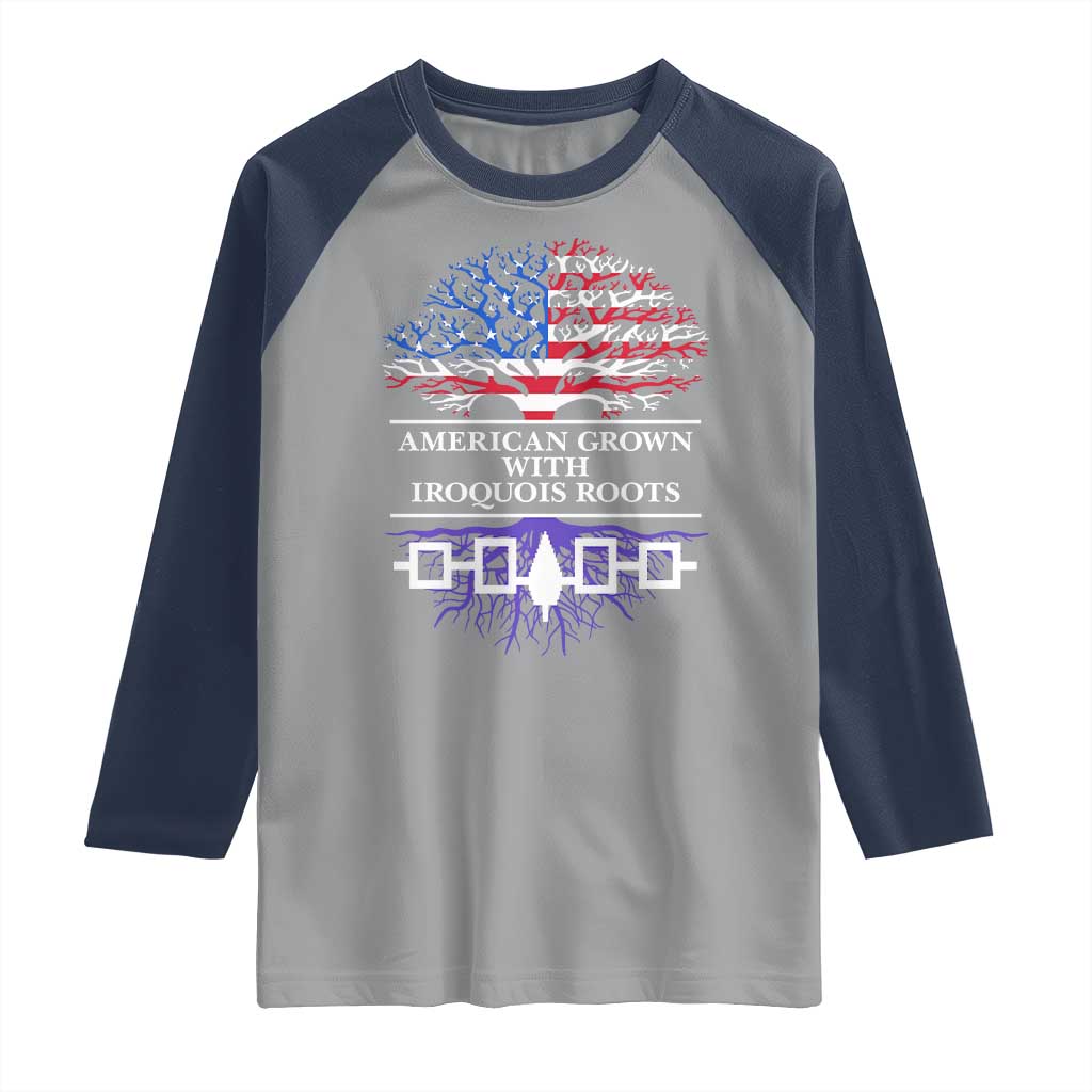 American Grown With Iroquois Roots Raglan Shirt Tree USA Flag - Wonder Print Shop
