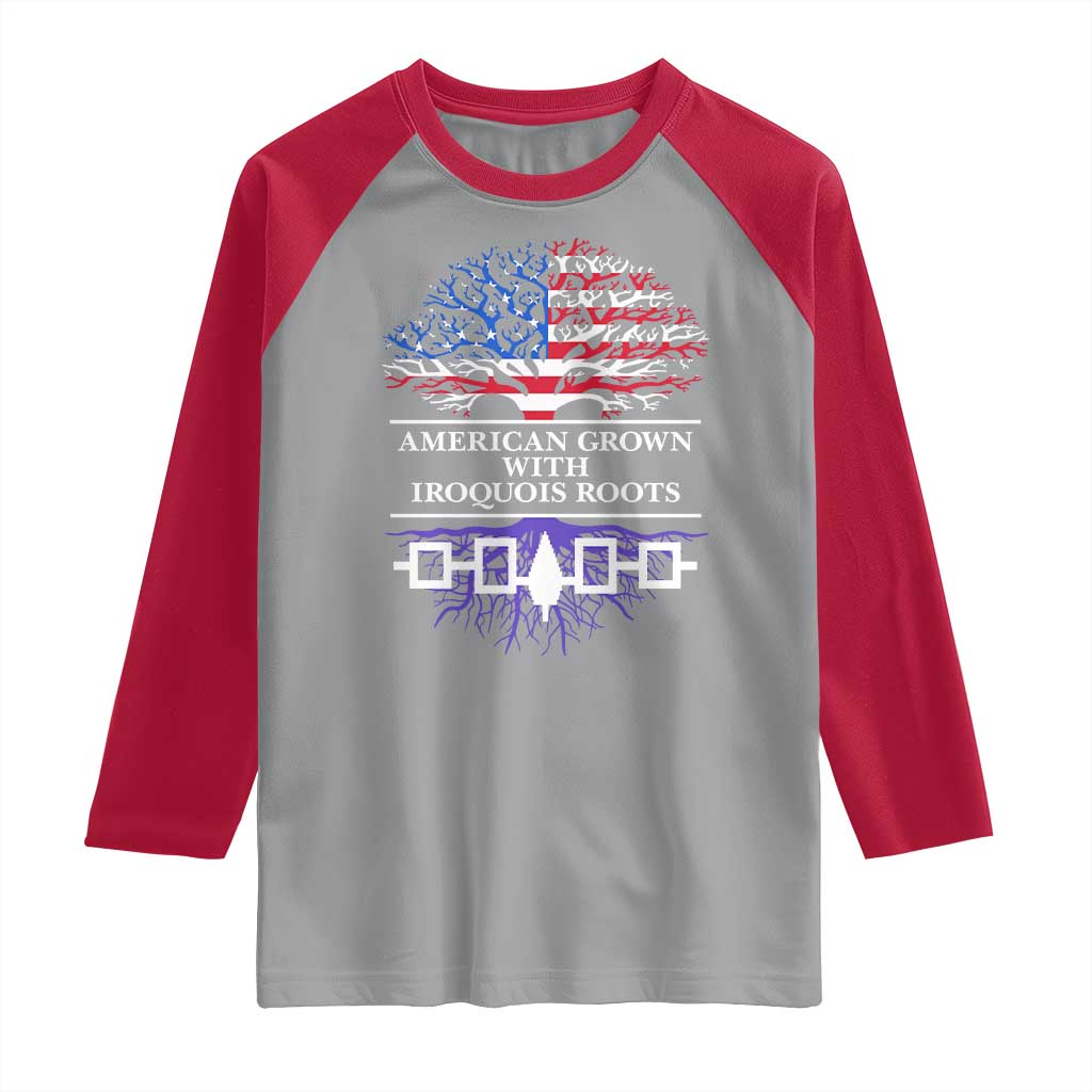 American Grown With Iroquois Roots Raglan Shirt Tree USA Flag - Wonder Print Shop