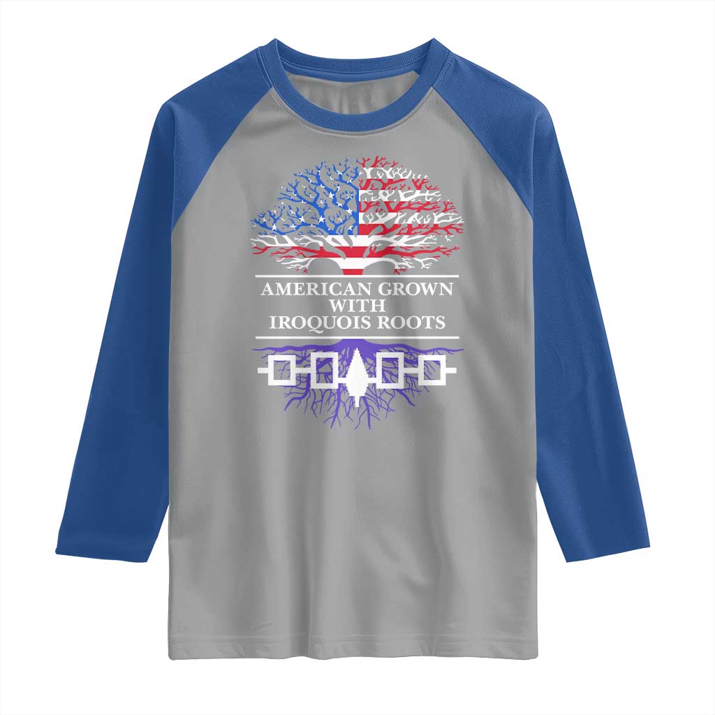 American Grown With Iroquois Roots Raglan Shirt Tree USA Flag - Wonder Print Shop