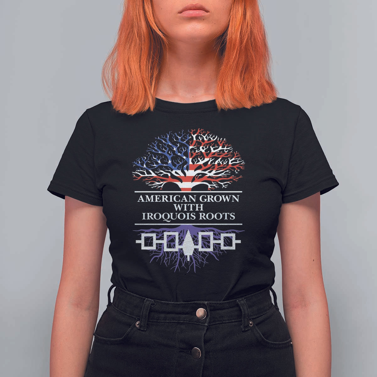 American Grown With Iroquois Roots T Shirt For Women Tree USA Flag - Wonder Print Shop