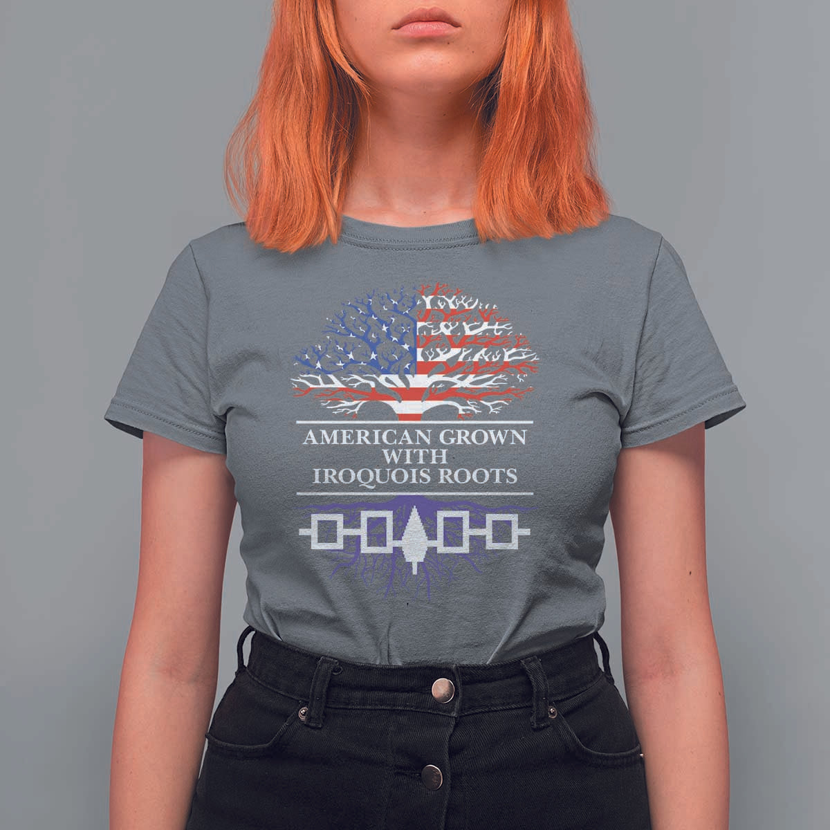 American Grown With Iroquois Roots T Shirt For Women Tree USA Flag - Wonder Print Shop