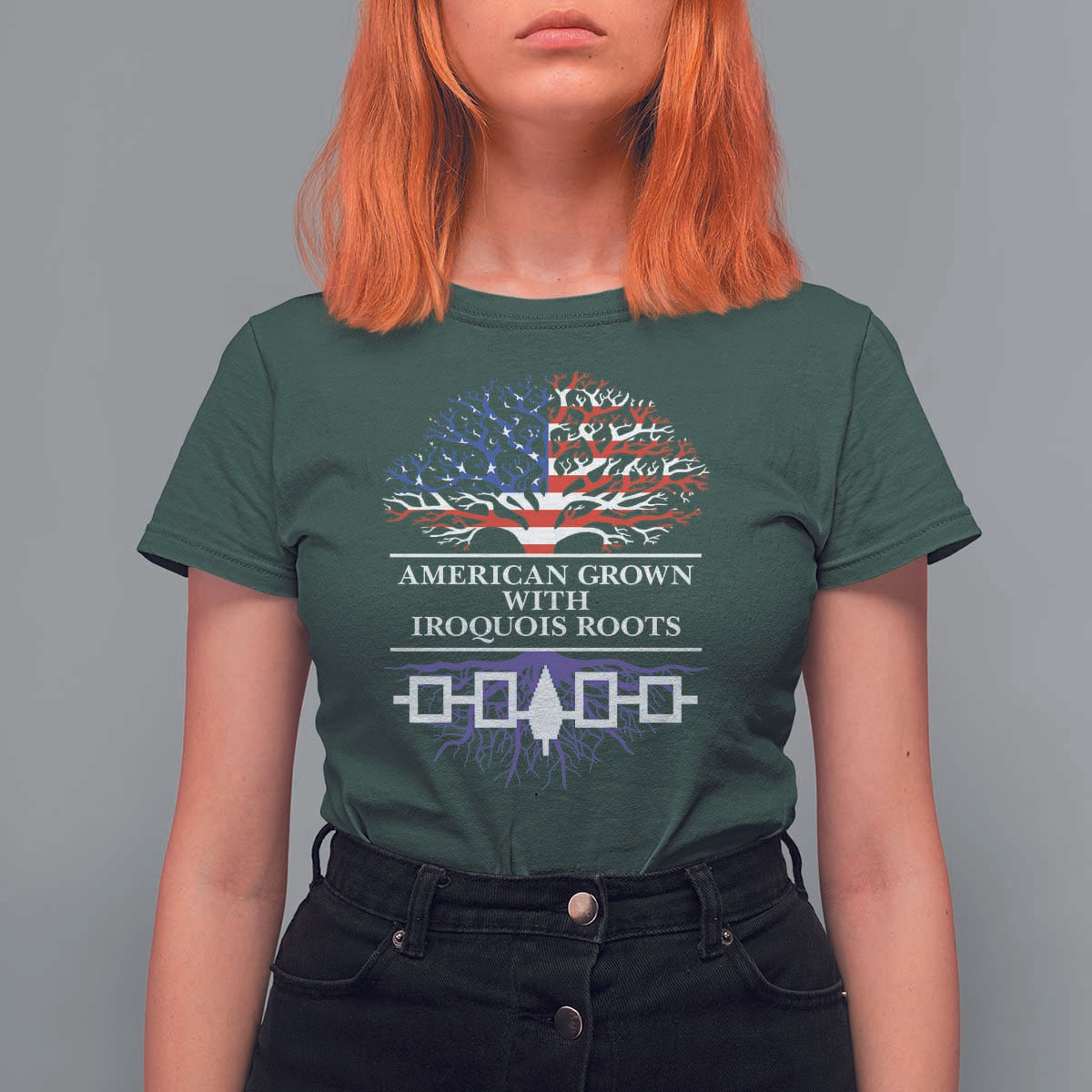 American Grown With Iroquois Roots T Shirt For Women Tree USA Flag - Wonder Print Shop