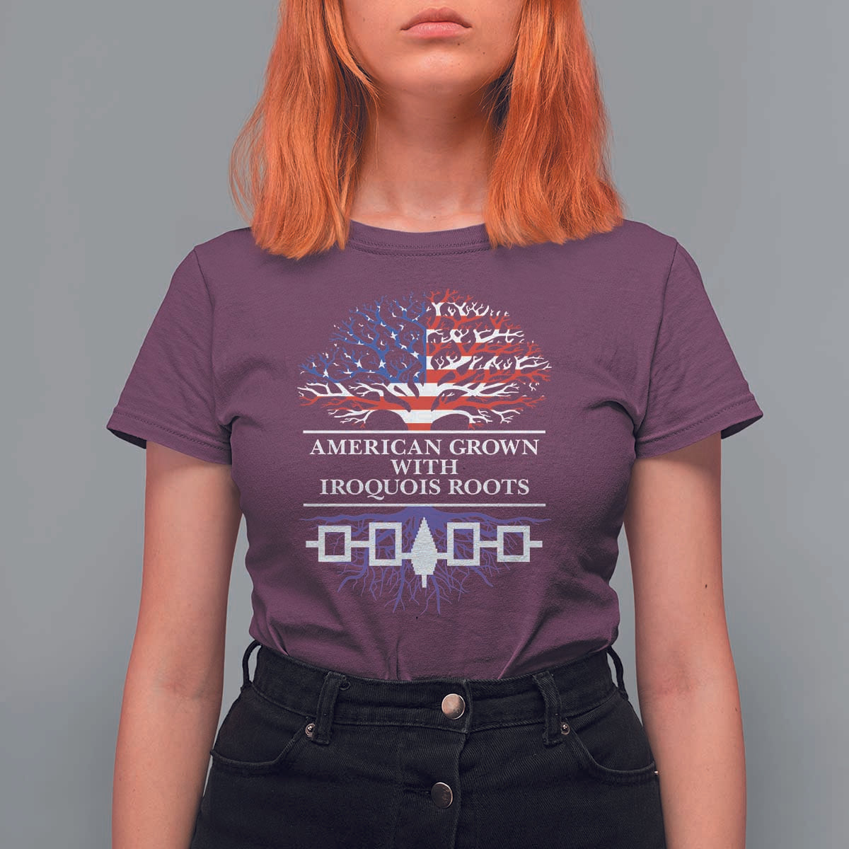 American Grown With Iroquois Roots T Shirt For Women Tree USA Flag - Wonder Print Shop