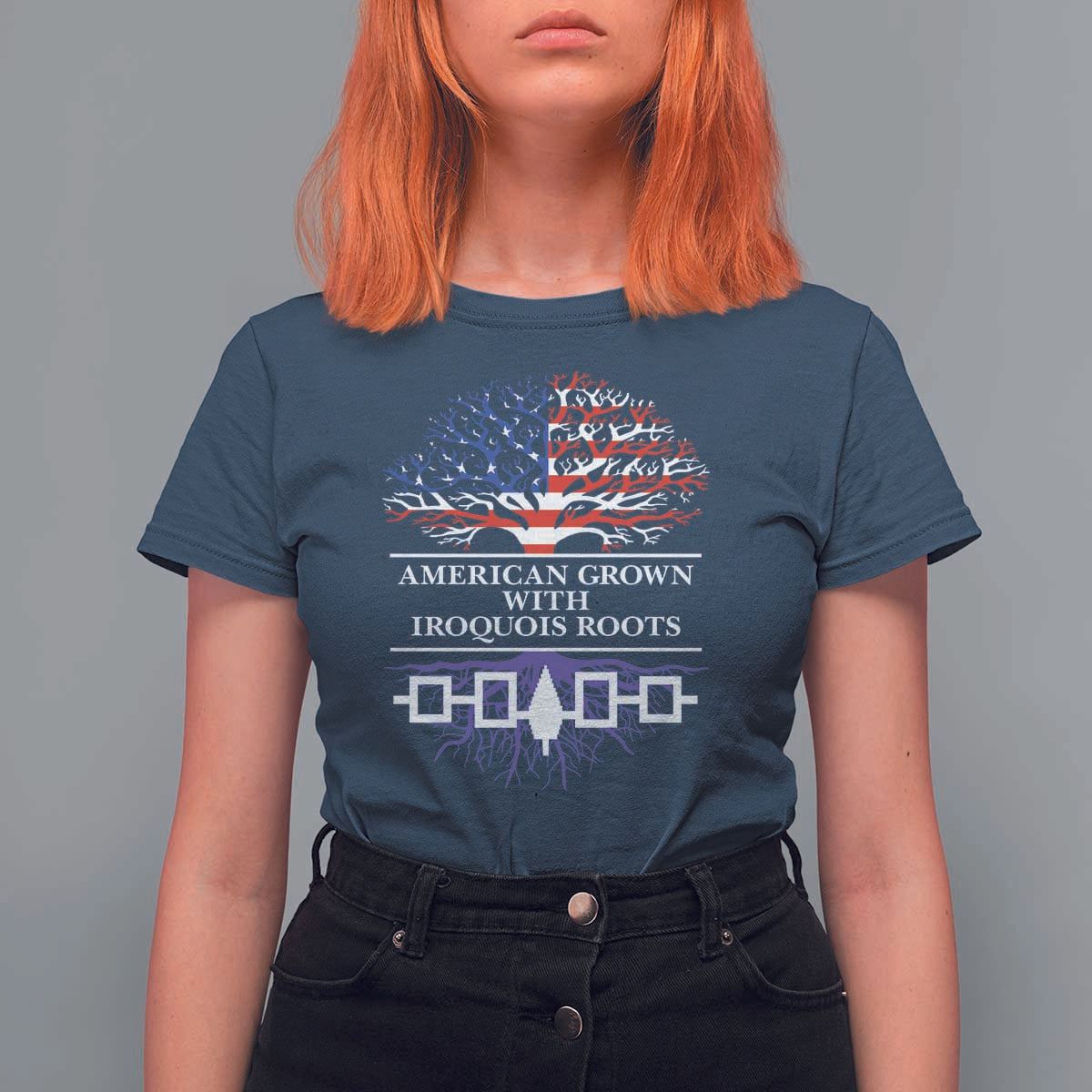 American Grown With Iroquois Roots T Shirt For Women Tree USA Flag - Wonder Print Shop