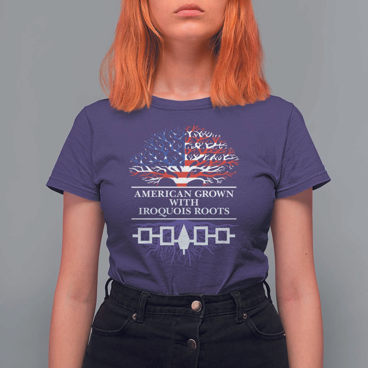 American Grown With Iroquois Roots T Shirt For Women Tree USA Flag - Wonder Print Shop