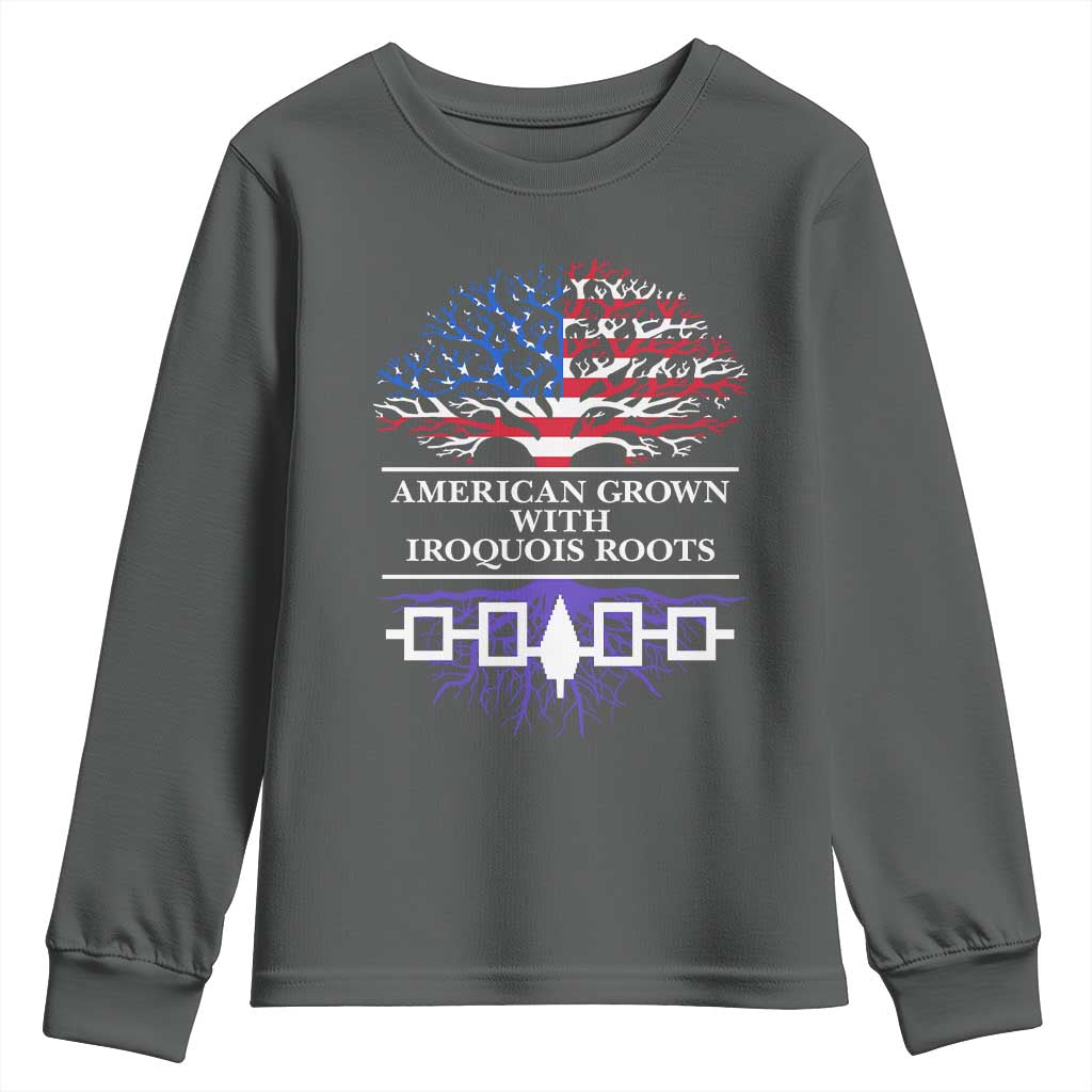 American Grown With Iroquois Roots Youth Sweatshirt Tree USA Flag - Wonder Print Shop