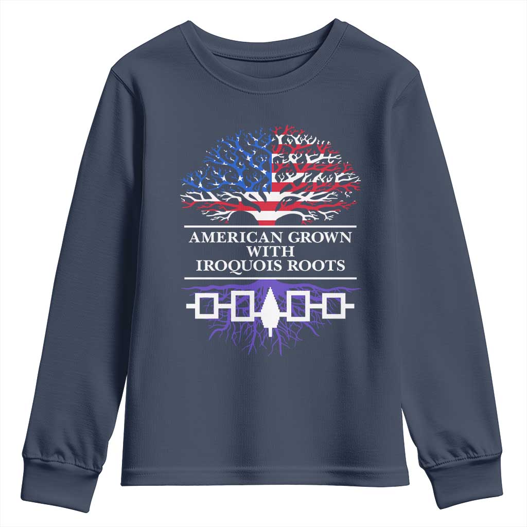 American Grown With Iroquois Roots Youth Sweatshirt Tree USA Flag - Wonder Print Shop
