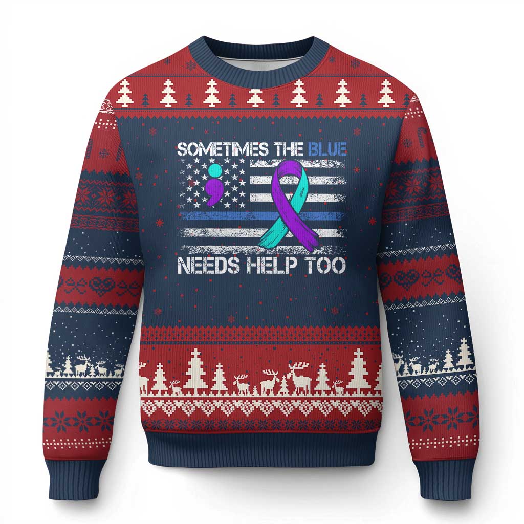 Police Suicide Awareness Ugly Christmas Sweater Sometimes The Blue Need Help Too